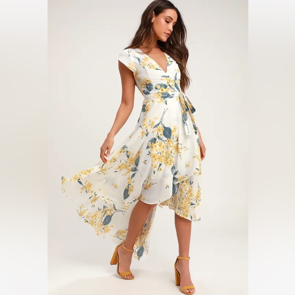 Lulus White and Yellow Floral Print High-Low Dress